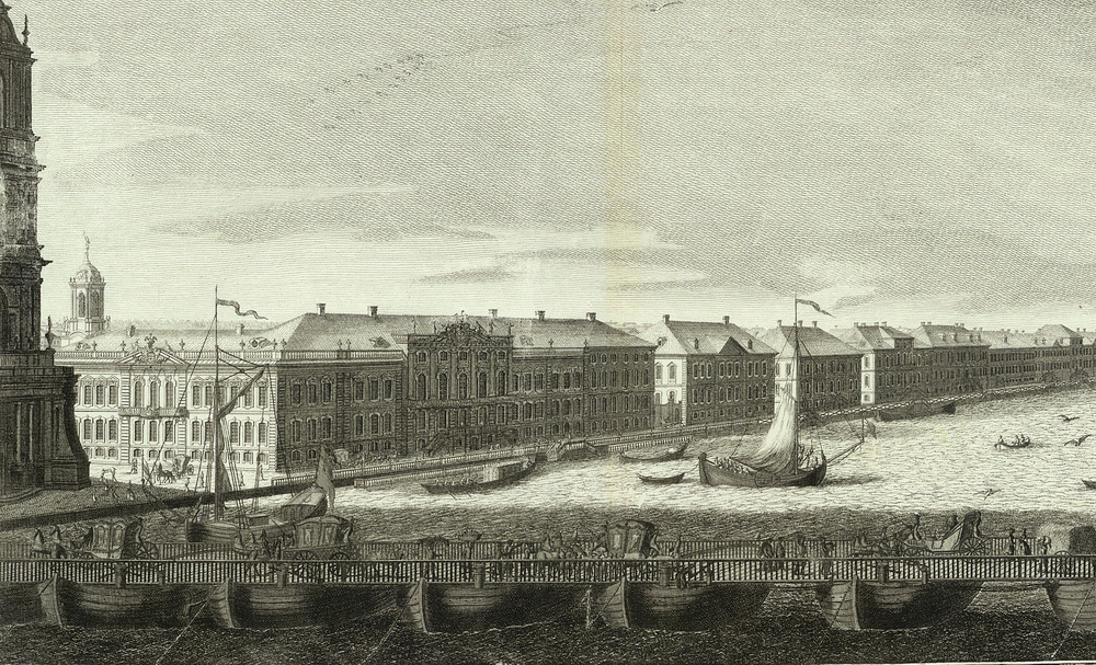 1753. М.Махаев. Первый мост через Неву. Исаакиевская церковь - слева.