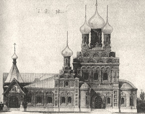 По сохранившемуся рисунку можно представить, каким выразительным был собор до революции. Богато декорированный, стилизованный под XVII век храм являлся прекрасным образцом псевдорусского стиля. Фото с сайта: sobory.ru