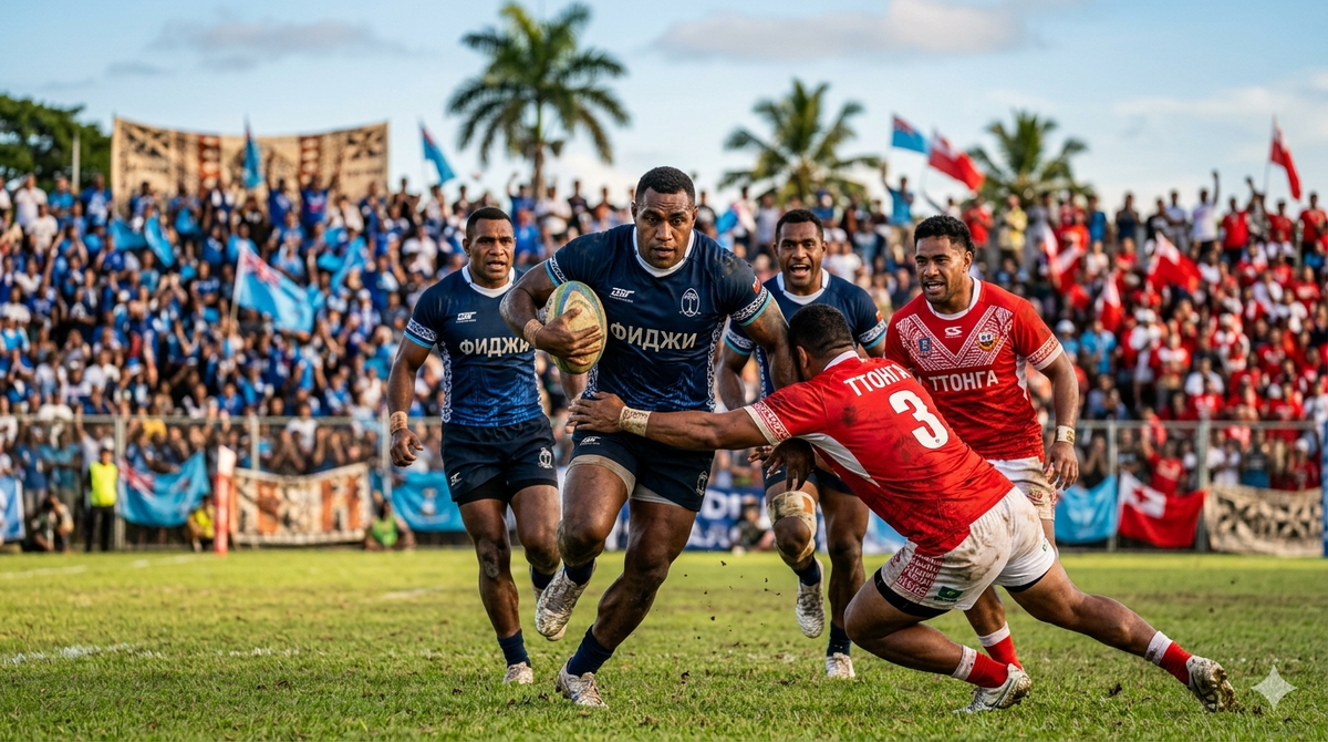 Непобедимая мощь: игроки сборных Фиджи и Тонга в яростном столкновении на поле. Изображение сгенерировано с помощью ИИ.