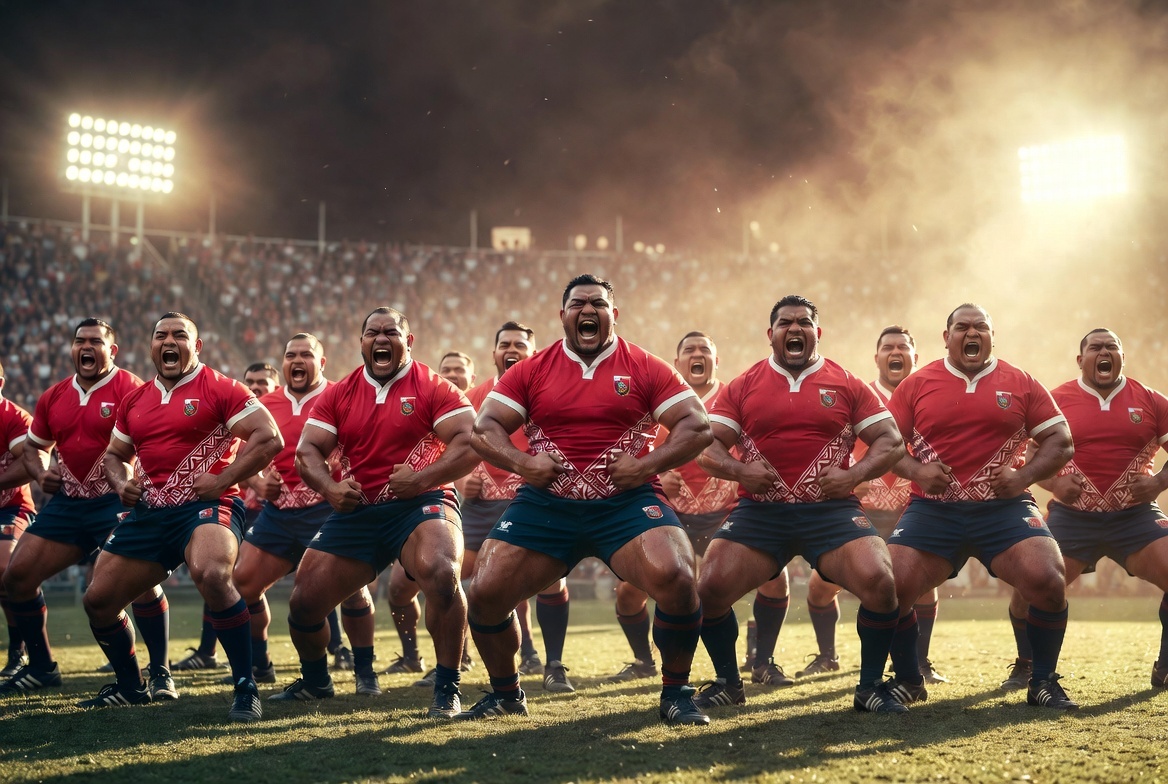 Ритуал Сипи Тау: гиганты Тонга запугивают соперников перед матчем. Изображение сгенерировано с помощью ИИ.