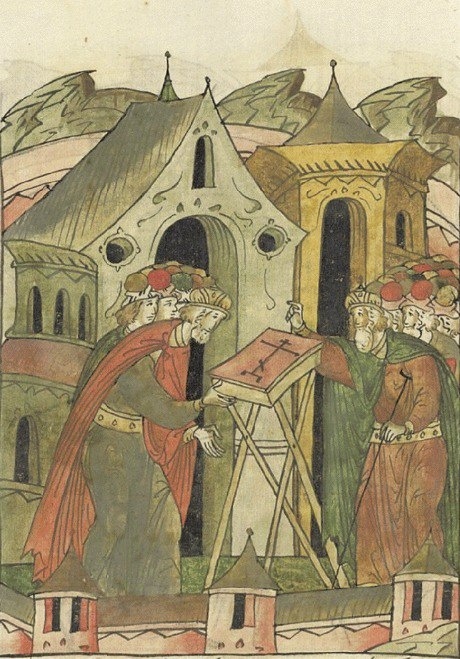 Больной князь Константин завещает великокняжеский стол князю Юрия, который в ответ целует крест не вступаться в отчины Константиновичей.  Миниатюра из Лицевого летописного свода, XVI век. 