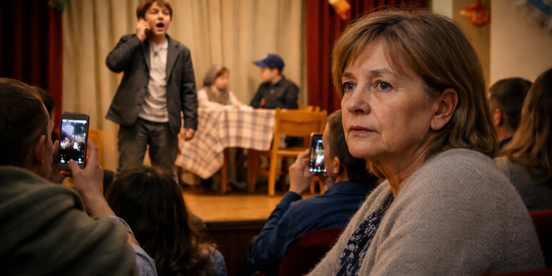 На школьном спектакле бабушка видит, как внук играет сцену из их семейной жизни почти слово в слово