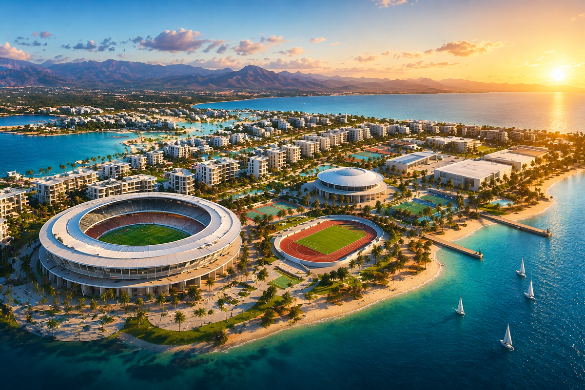 Реальных изображений будущего проекта пока еще нет. Это Генерация ИИ, по его мнению так будет выглядеть олимпийская деревня в Египте :).