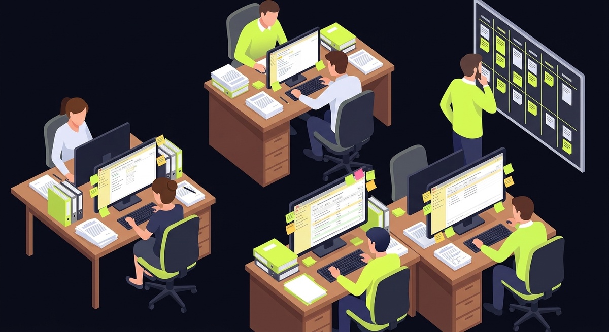    Top-down view of a busy accounting agency office in April - multiple monitors with 1C open, sticky notes on screens, team lead reviewing task board, warm but intense atmosphere