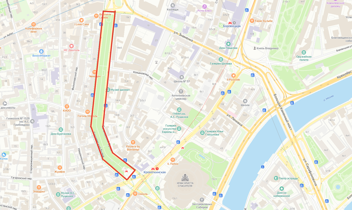Гоголевский бульвар на карте Москвы. Скрин с Яндекс.Карты 