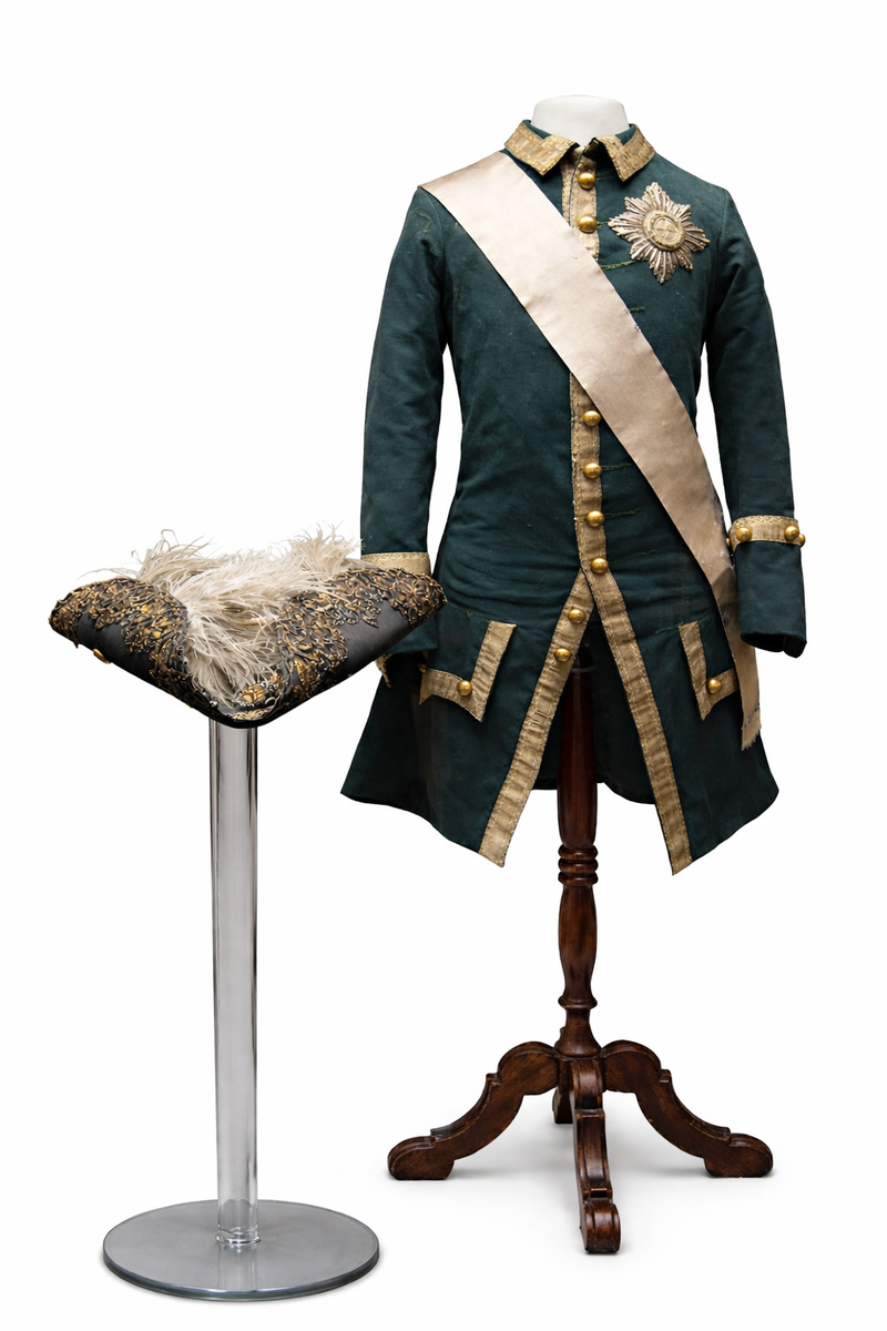Шляпа Петра III и мундир обер-офицера лейб-гвардии Семеновского полка (1756–1762), принадлежавший поручику А. Ф. Талызину. Именно в этом мундире Екатерина II возглавила гвардию во время похода на Петергоф в день переворота 28 июня 1762 года. Государственный исторический музей.