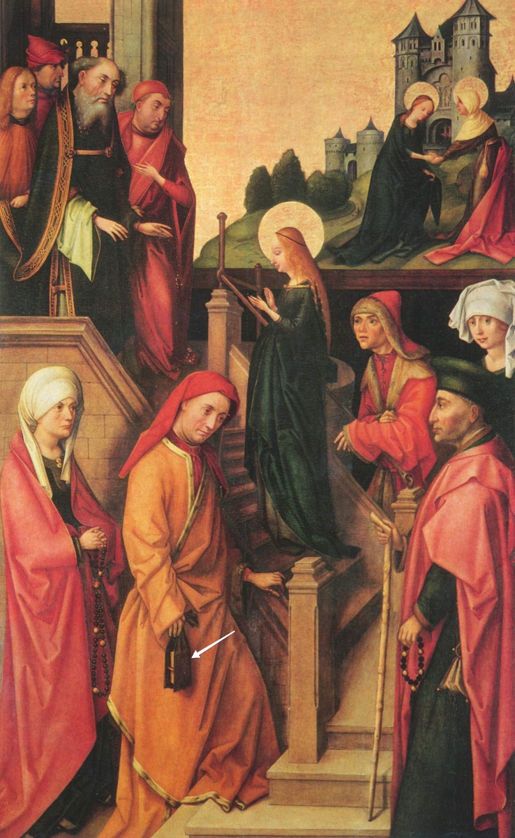 Ханс Хольбейн Старший. 1493. Введение во храм. Дерево, масло. Аугсбург, Собор. Можно подумать, что это мешочек, кадило...на самом деле это поясная книга. 
