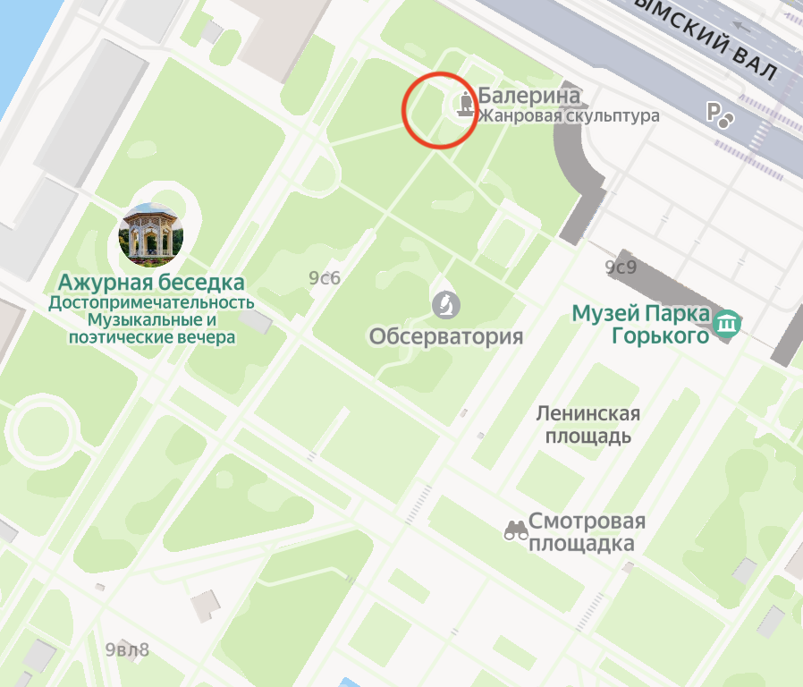 Расположение парашютной вышки на современной карте Москвы. Яндекс.Карты.