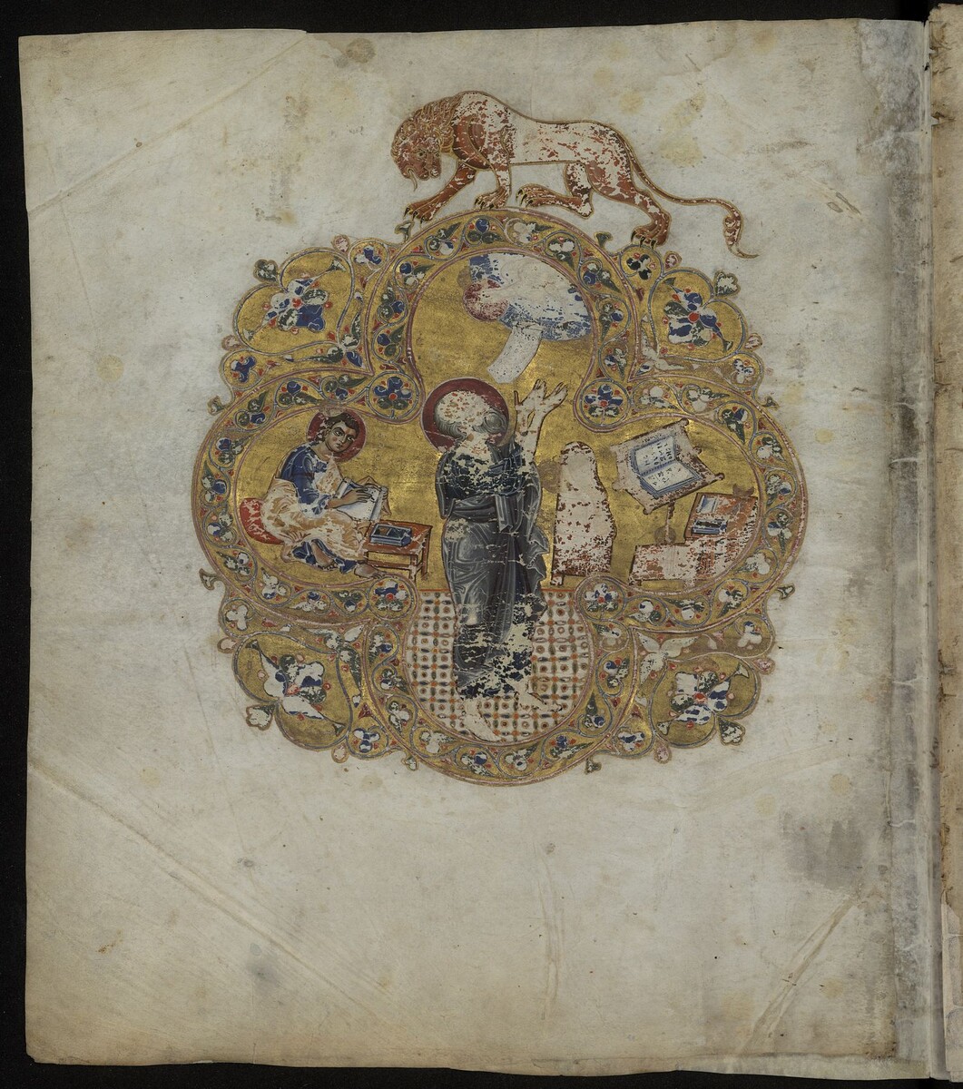 Евангелист Иоанн Богослов с Прохором. Остромирово Евангелие 1056-1057 гг. РНБ F.п.I.5. 