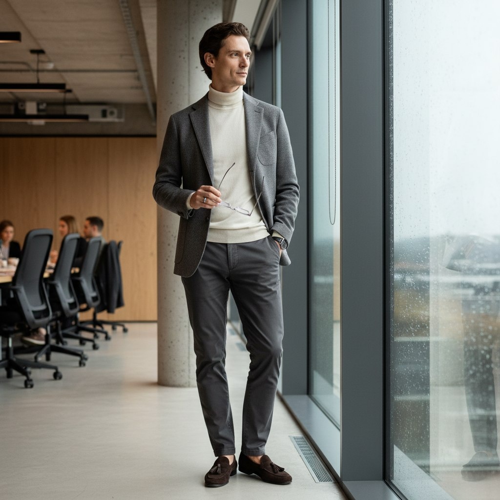 Пиджак из неструктурированной шерсти цвета «мокрый камень» (тёмный серо-голубой). Без подплечников! Тонкий свитер-гольф цвета «грязный снег» (светло-серый с холодным подтоном). Гольф облегает шею — на мужчине с острыми скулами это выглядит очень дорого. Брюки-чинос зауженные, тёмно-серые. Лоферы из мягкой телячьей кожи на микроподошве. Очки в прозрачной оправе, часы с чёрным циферблатом. Ремень скрыт свитером.
