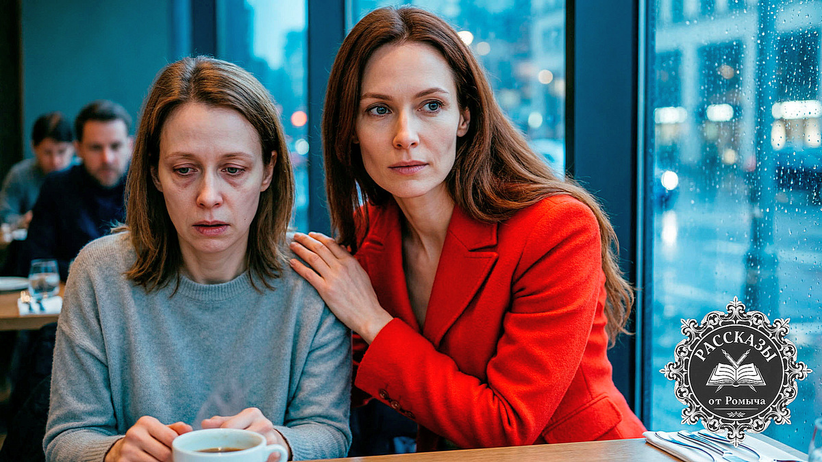 Женщина с темно-серыми глазами и каштановыми волосами, на ней ярко-красный шерстяной жакет. Она стоит, положив руку на плечо сидящей подруги, и смотрит в сторону с выражением холодного торжества и спокойствия. Подруга в тускло-сером свитере сидит за столом, глядя в чашку кофе с выражением глубокого шока и прозрения.