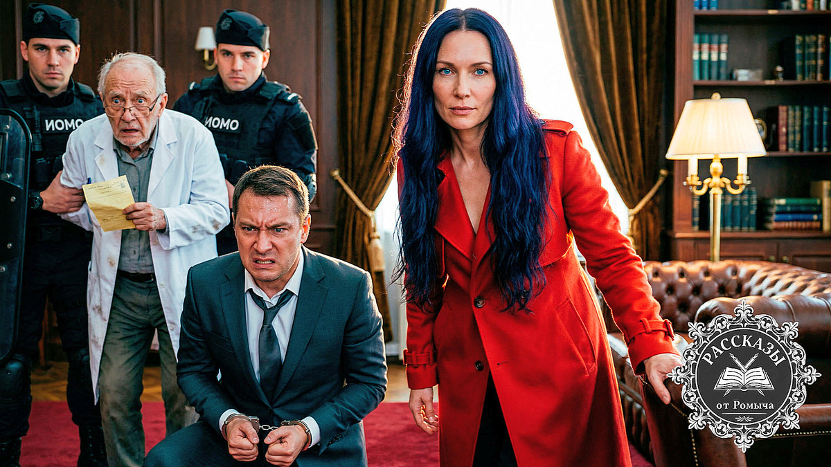 Женщина с иссиня-черными волосами и пронзительными васильковыми глазами, одета в ярко-красный кашемировый плащ. Она стоит в кабинете с дорогим интерьером. Перед ней на коленях в наручниках стоит мужчина в дорогом сером костюме, его лицо искажено яростью и шоком.