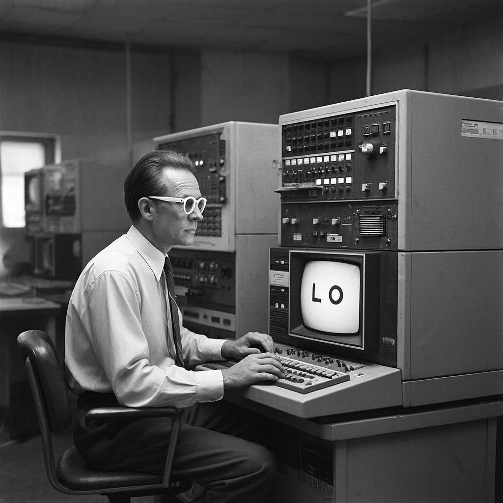 Реконструкция: первое сообщение в ARPANET, 29 октября 1969 года. Система передала только «LO» и упала. Но это было начало. 