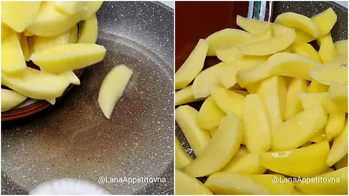 📸 В сковороде разогрейте масло и выложите картофель.