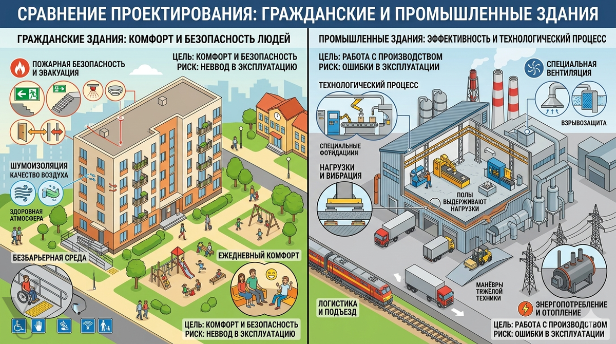 Гражданские здания — для людей, промышленные — для технологий.