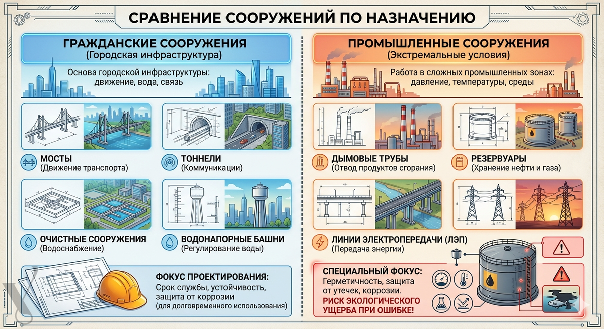 Гражданские сооружения — для людей, промышленные — для технологий.