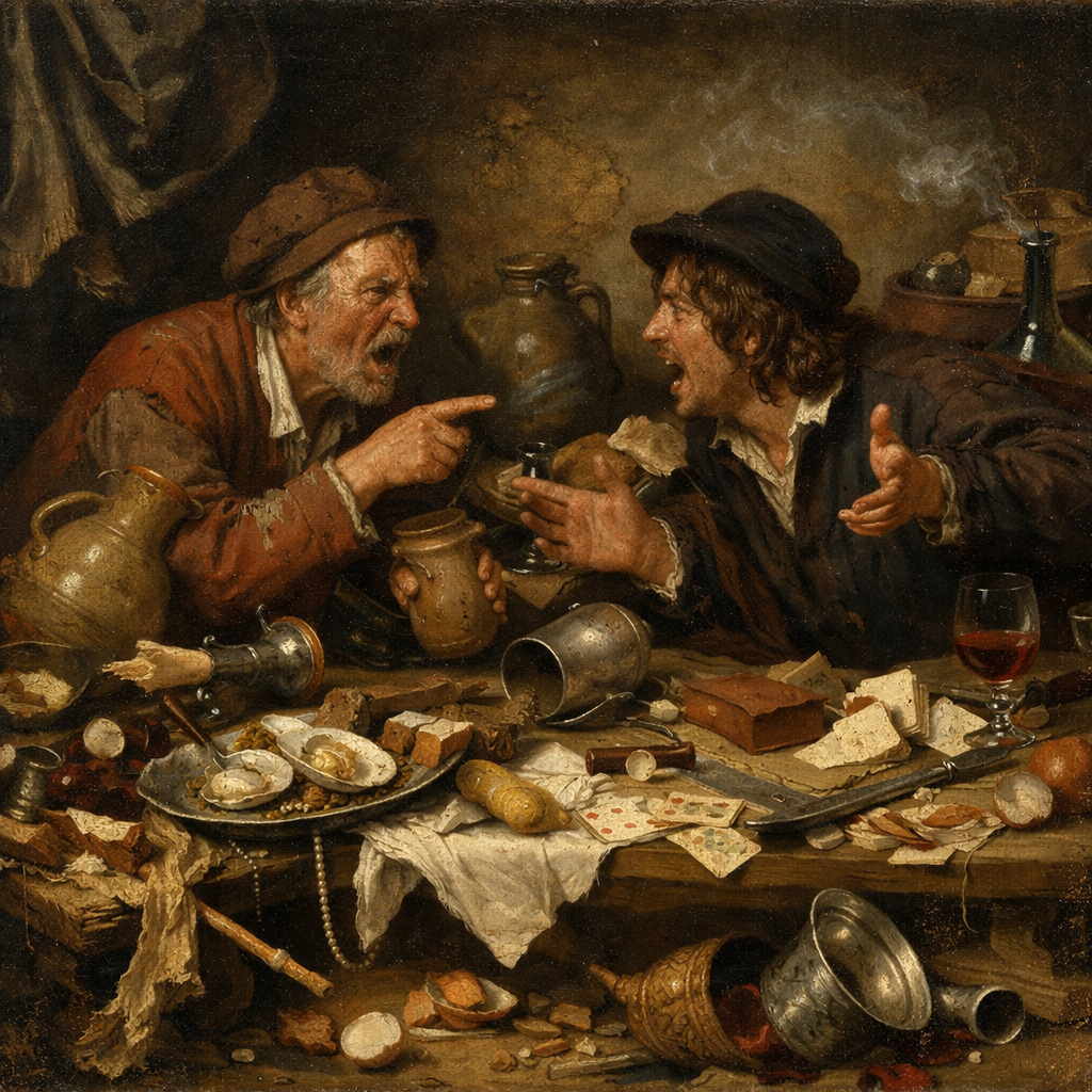  два человека, оживленно спорящие за столом, из голландского натюрморта с "разбитой" композицией