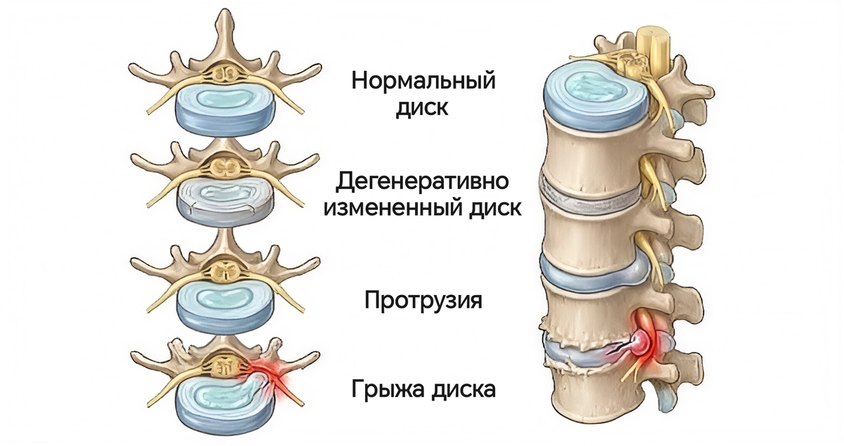 Схематичное изображение стадий изменения межпозвонкового диска
