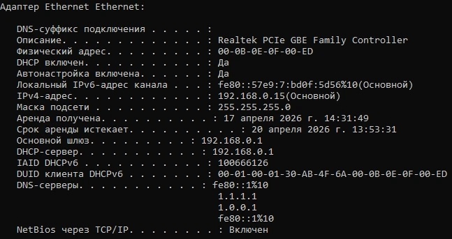 Пример исполнения команды ipconfig /all на Windows