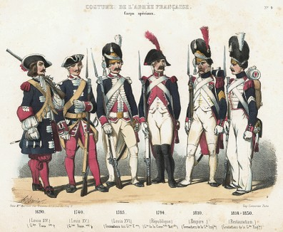 Униформа французских гренадеров с 1690 по 1830 гг. Costumes de l'armée française depuis Louis XIV, jusqu'à nos jours, л.9. Париж, 1841
