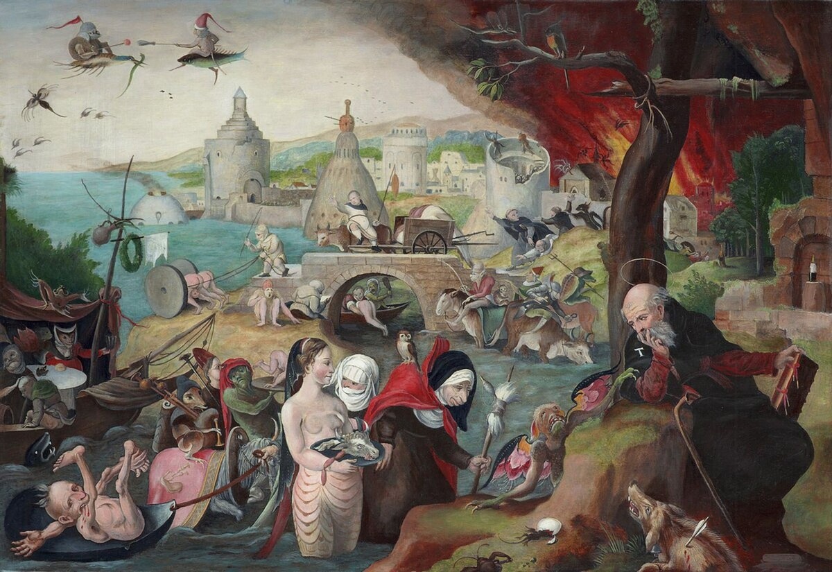 Поучительная западноевропейская живопись. "Святого Антония искушают нарушить смертные грехи." Художник Иероним Босх. Фрагмент триптиха, на котором сверхъестественные силы подвергают святого нарушить Декалог - 10 запретительных заповедей. Событие происходит во время пребывания Антония в египетской пустыне. Источник - ozon.ru  