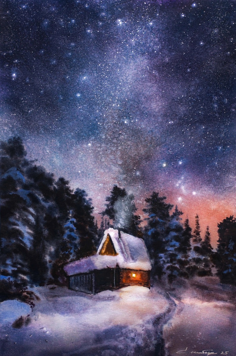 © Юлия Стейнберг. Звездная ночь. Акварель, бумага. 37 х 25см.