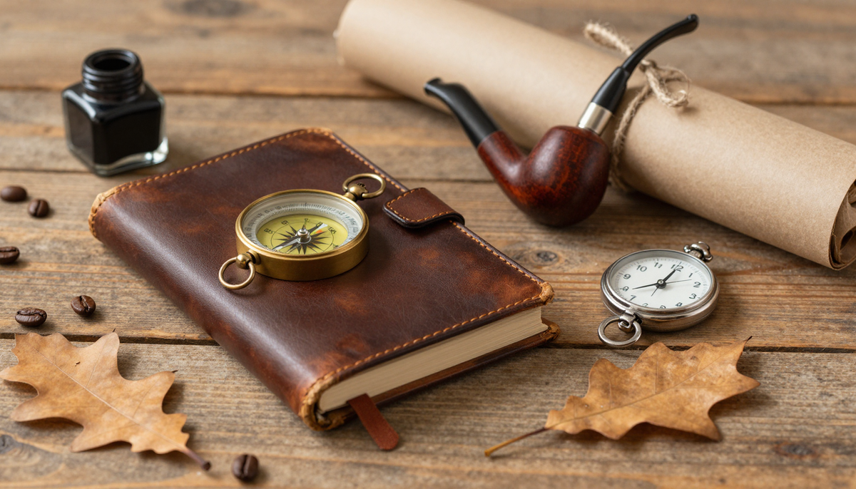 Подарок лучшему другу на день рождения — винтажные часы, компас, кожаный блокнот и трубка на деревянном столе.