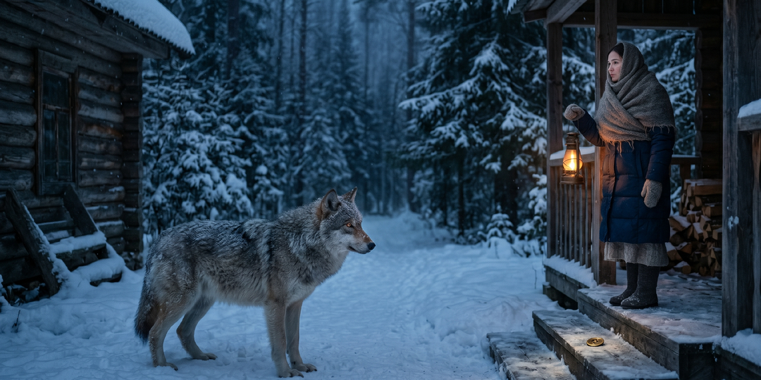 Волк каждую ночь оставлял одинокой таёжнице странные вещи на пороге. Поняв их значение, она шагнула за ним в снежную мглу…