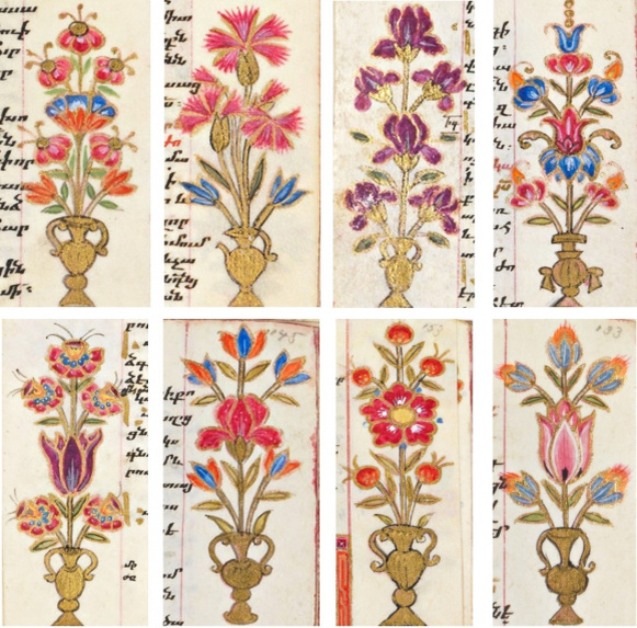 Орнаменты на полях рукописи 216, Евангелие, 1686, Исфахан (Новая Джульфа), fols. 68r, 55r, 22v, 82r, 94v, 145r, 153r, 133r. © Музей Гюльбенкяна.