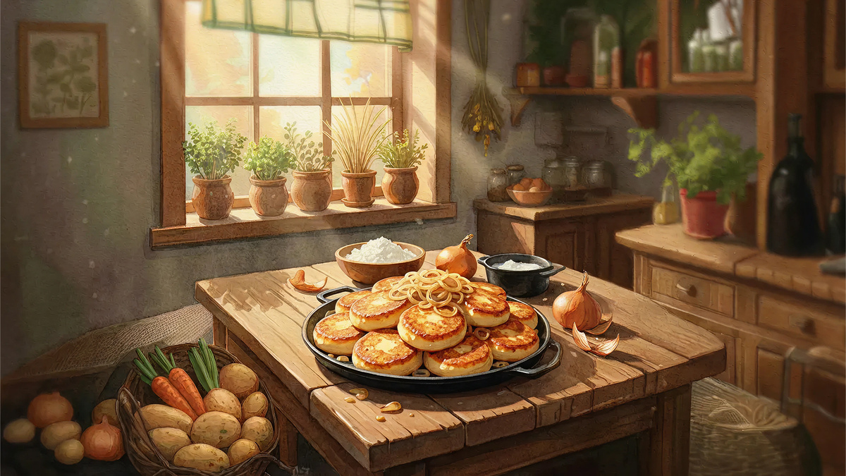 Какоры | Бульбу адварыць у мундзірах. Потым абабраць і патаўчы. Дадаць муку, соль, яйка і тварог. Добра вымешаць. Цеста тонка раскатаць, выразаць чарачкай і абсмажыць на алеі з двух бакоў. На свіным тлушчы асобна абсмажыць цыбулю, пакласці ў патэльню какоры і паставіць у печ ці духоўку на 5-10 хвілін.