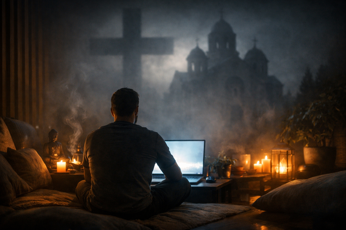 Эта сцена показывает главный конфликт статьи: современный человек всё чаще ищет не истину, а мягкое внутреннее облегчение, и именно на этом фоне возникают новые культы удобной духовности.