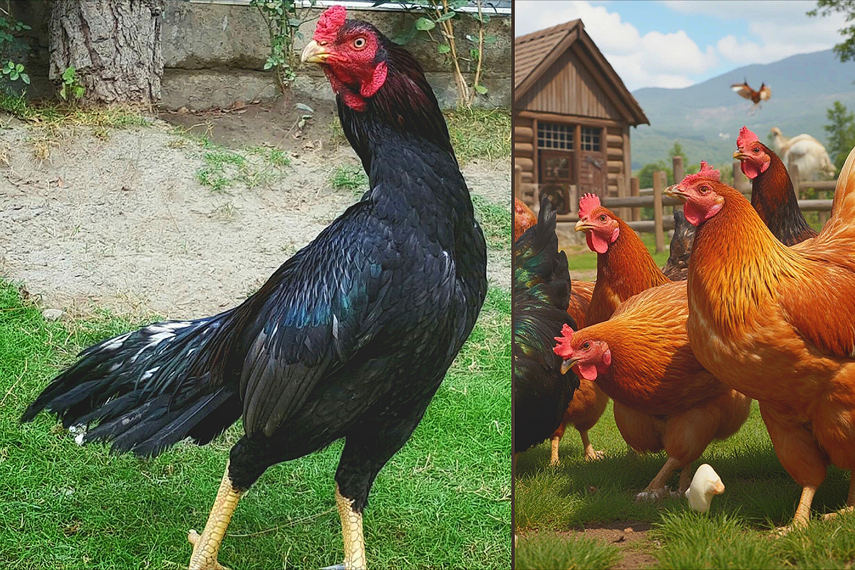 Бойцовский петух с домашними курами.