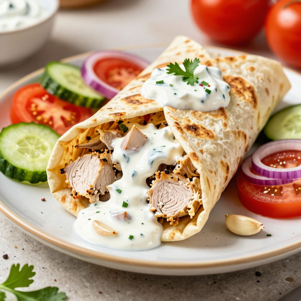 Домашняя шаверма в лаваше с курицей и соусом йогурт‑чеснок