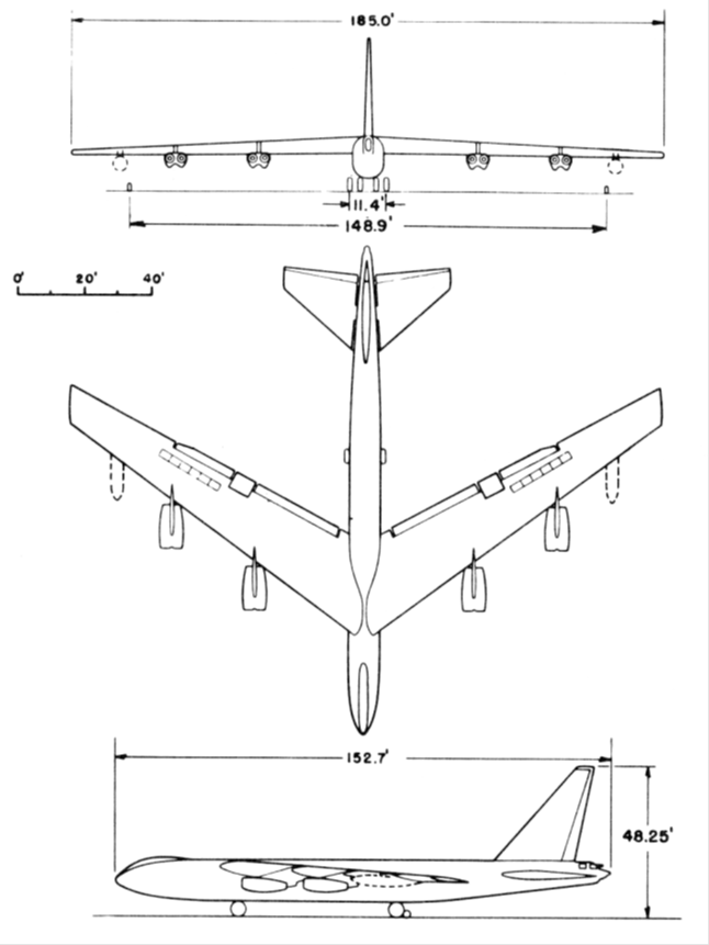 Схема и размеры самолета Боинг Модель 464-67 – В-52, 1 фут равен 0,3048 м, 1 дюйм – 25,4 мм. Источник: Standard Aircraft Characteristics Boeing XB-52. Eight XJ57-P-( ) Pratt & Whitney. Experimental. By Authority of Commanding General Air Force Material Command U.S. Air Force, - 6 October 1950