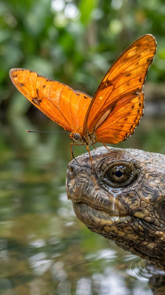 Бабочка Dryas iulia пьёт слезу речной черепахи. Оранжевые крылья и тонкий хоботок — её главные инструменты для добычи солёного «нектара» в джунглях Амазонии.