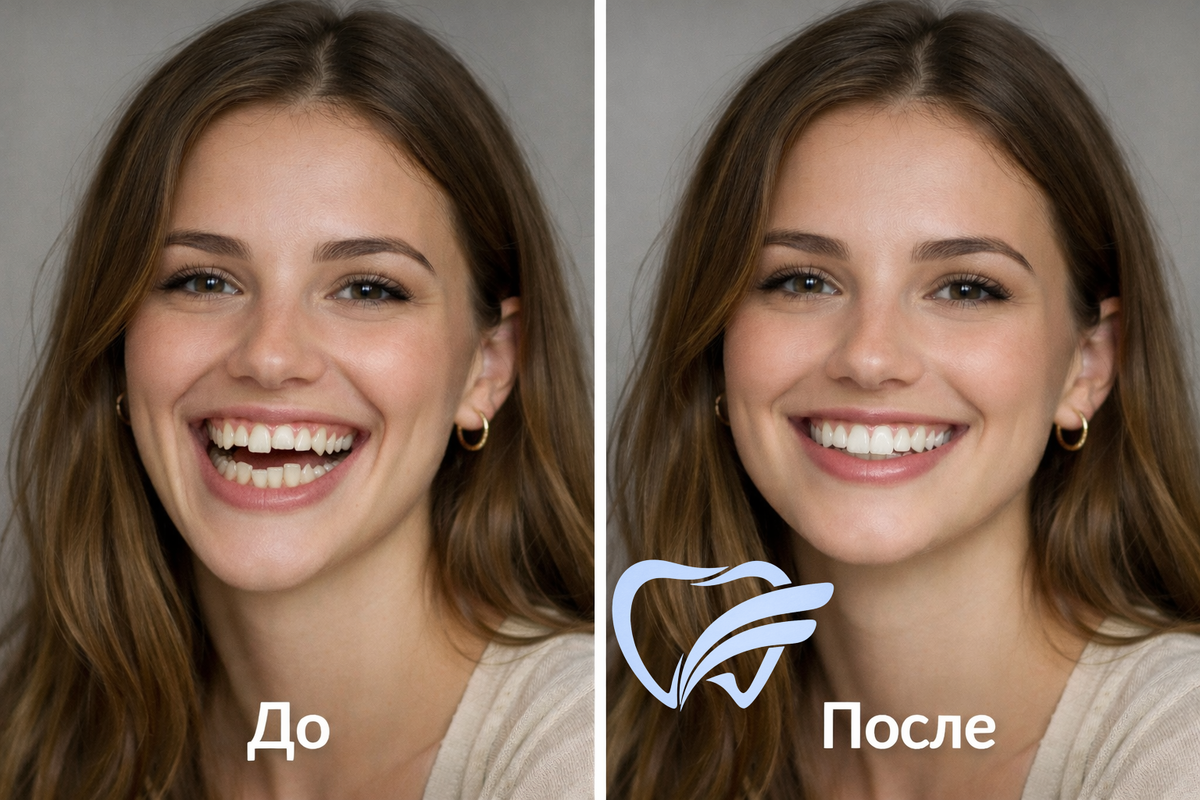 До/после: на первом фото у девушки выраженные проблемы с прикусом и неровные, скученные зубы; на втором — ровная, белоснежная улыбка после стоматологического лечения.