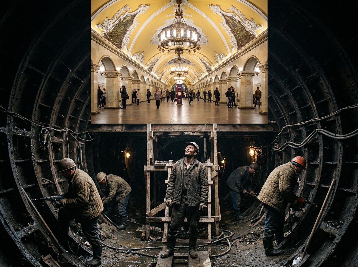 Внизу — грязь, пот, кессонная болезнь. Наверху — мрамор, люстры, мозаика. Между ними — рабочий, который знает: он строит не тоннель. Он строит мечту. 🚇🏛️💪