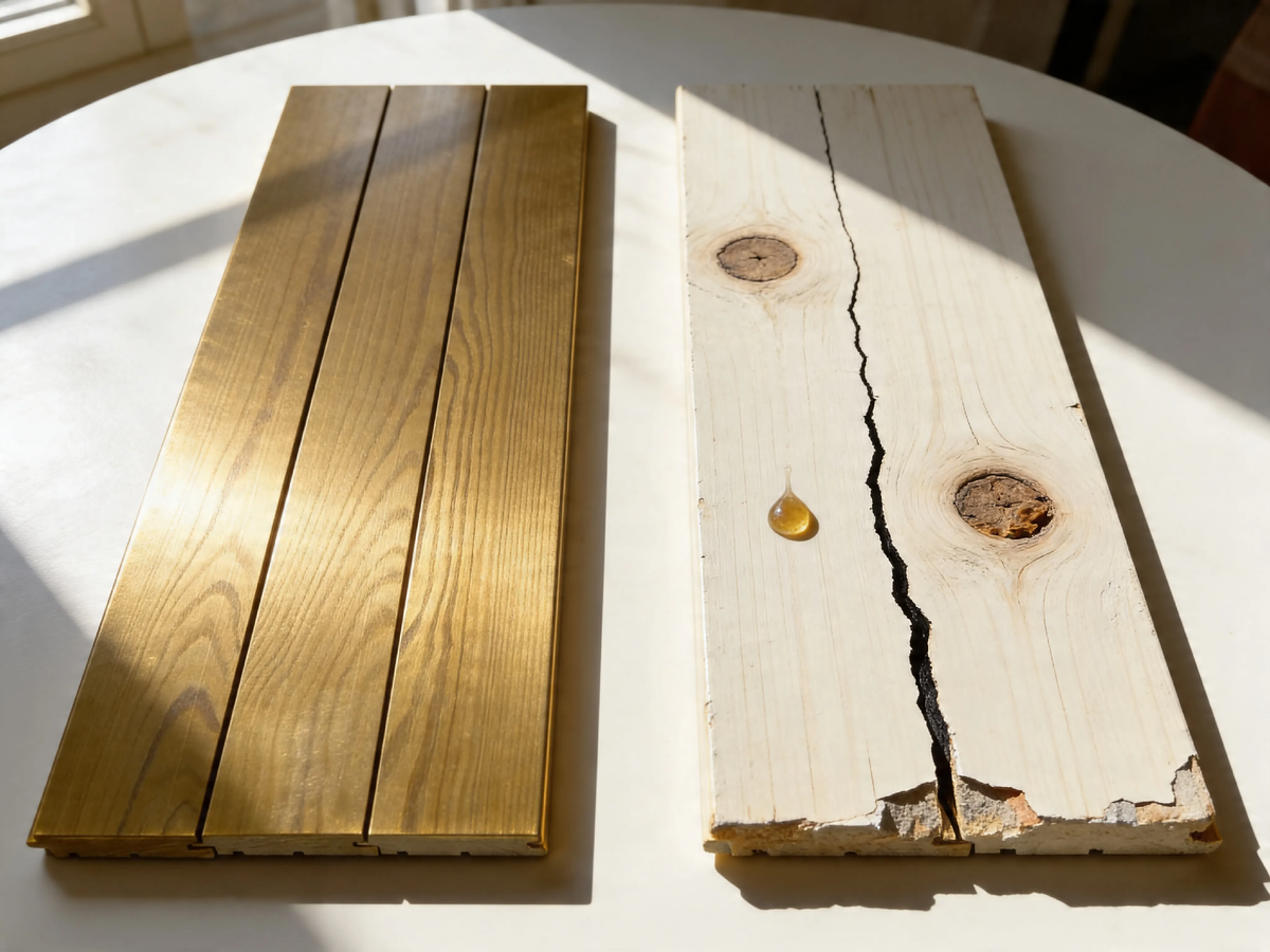 Слева — экстра: ровно, гладко, сучков нет. Справа — 2 сорт: щели, дыры, смоляные потёки.