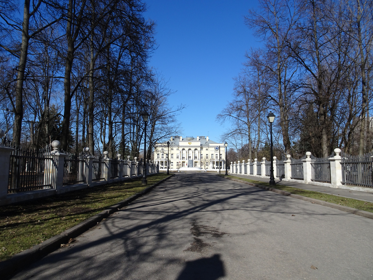 Вид на Александринский дворец в Нескучном саду почти от ворот на аллее у Ленинского проспекта