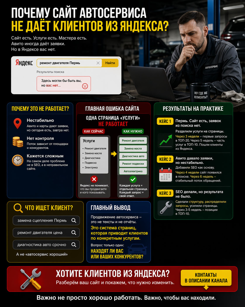 Продвижение автосервиса: почему сайт есть, а клиентов из Яндекса нет