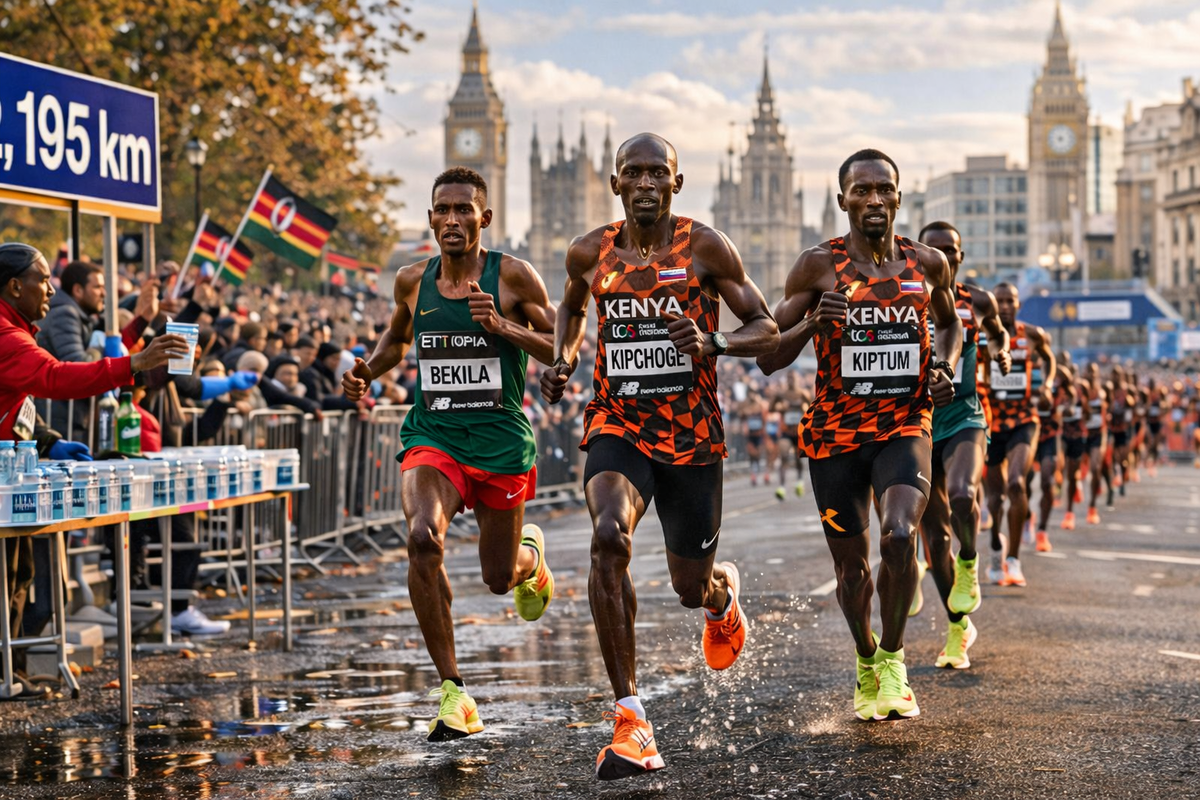 Марафонцы из Кении и Эфиопии проходят дистанцию 42 км в городской черте, демонстрируя выносливость, технику и борьбу за лидерство. Изображение сгенерировано с помощью ИИ.