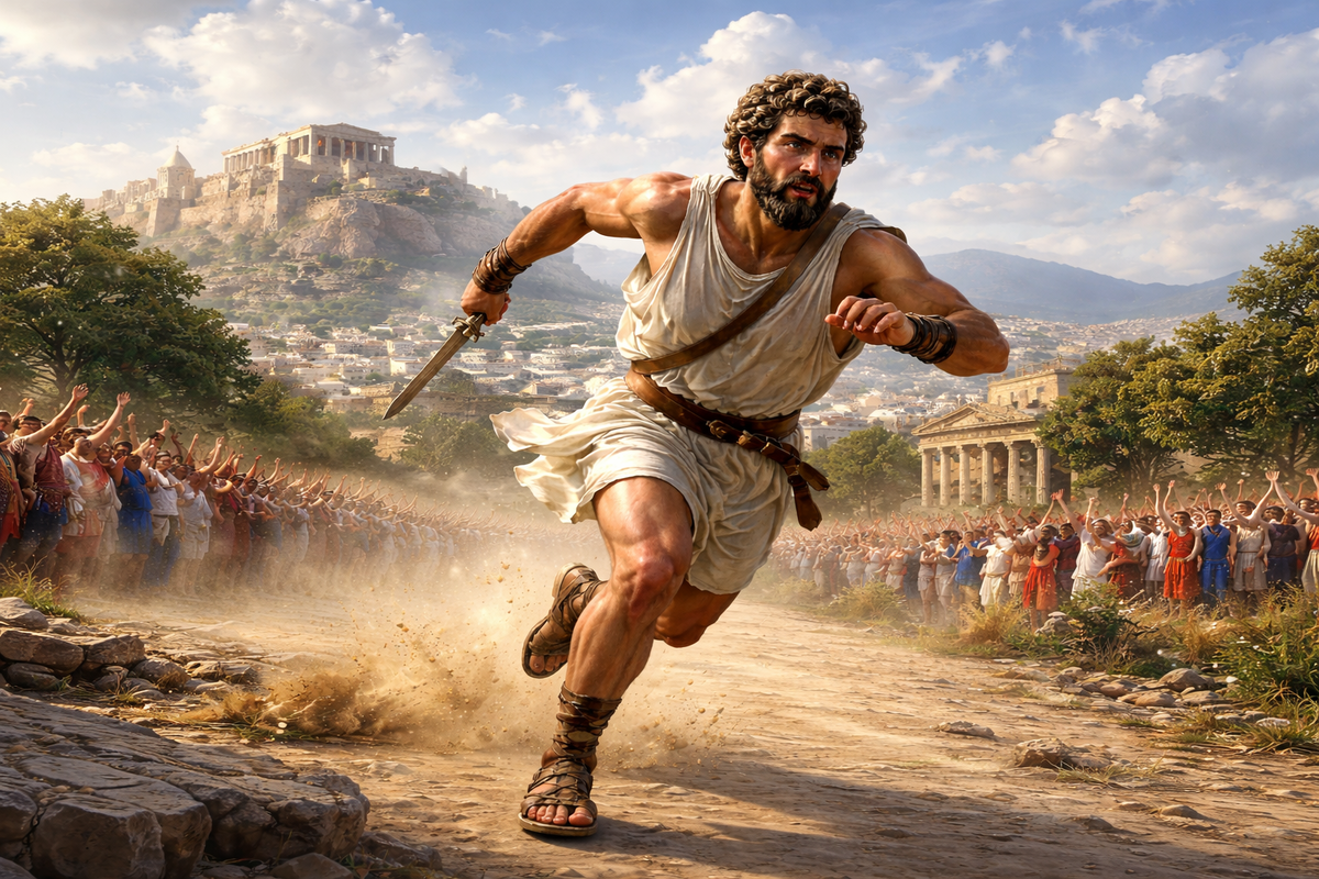 Гонец Фидиппид. Марафонец поневоле. Изображение сгенерировано с помощью ИИ.