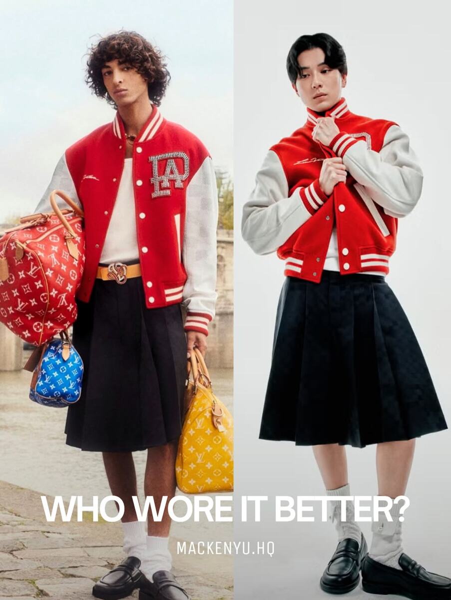 Вроде Louis Vuitton. Слева мальчик понятно что рекламировал - сумки, а Маккэнъю? Реквизита не хватило?))