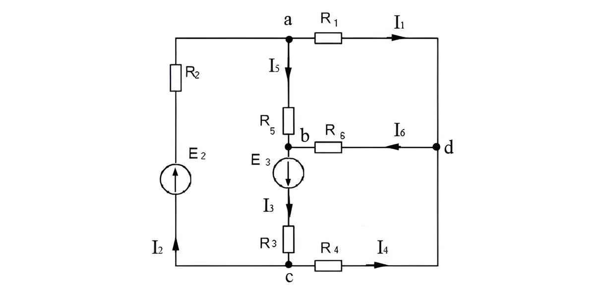                         Рисунок 1 - Схема цепи с обозначенными узлами и направлениями токов