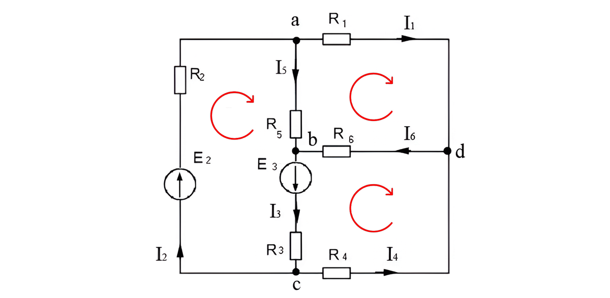      Рисунок 2 - Схема цепи с обозначенными узлами, направлениями токов и обходами контуров