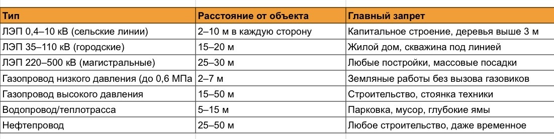 Важно: охранная зона считается от крайнего провода (для ЛЭП) или от оси трубы (для газопровода). Не от столба или колодца.
