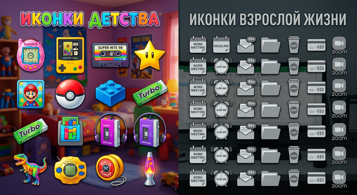 слева яркие, чёткие иконки из детства, справа — одинаковые серые иконки из взрослой жизни