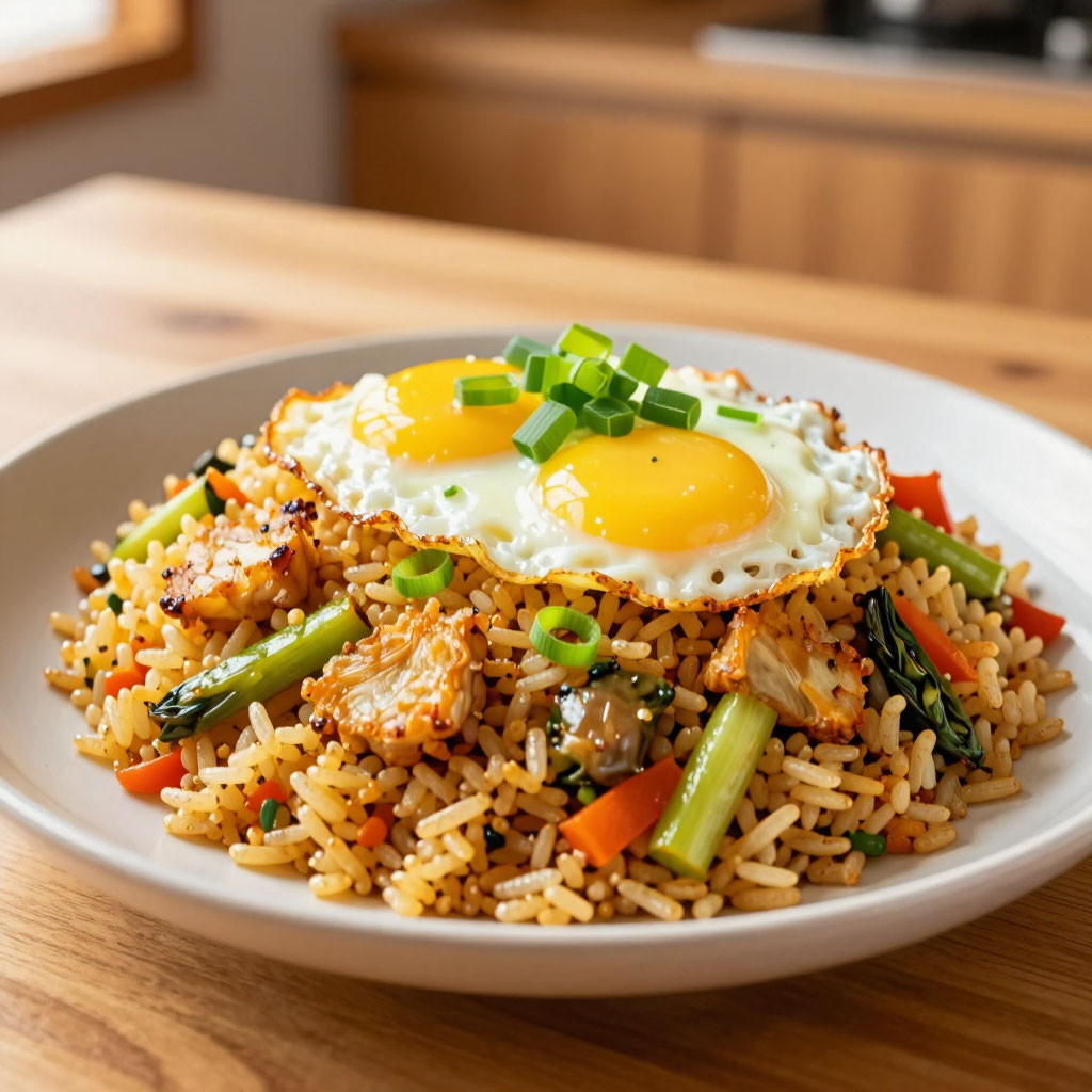 Жареный рис с овощами и яйцом в азиатском стиле
