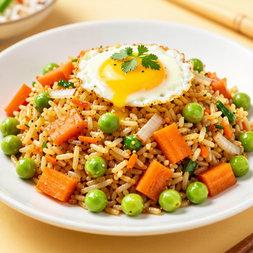 Жареный рис с овощами и яйцом в азиатском стиле