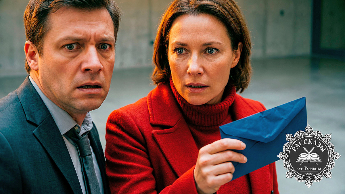 Женщина с темно-серыми глазами, в шерстяной ярко-красной одежде. Слева от неё – мужчина, его лицо выражает ступор и животный страх.